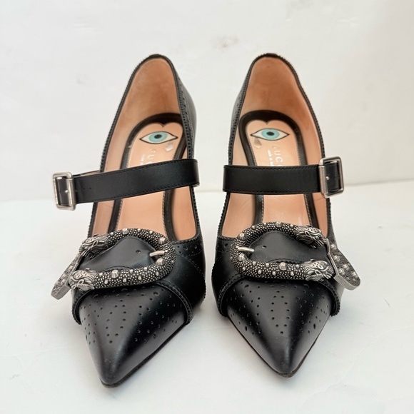 Gucci Black Leather Dionysus Perforated Mary Jane Pumps EU 37.5 - Picture 6 of 10